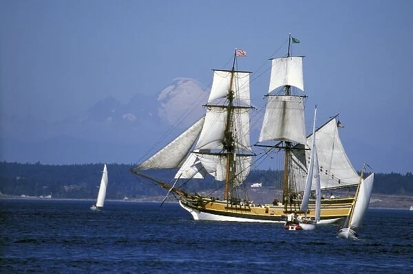 North America, USA, Washington State. Tall ship and many small sailboats