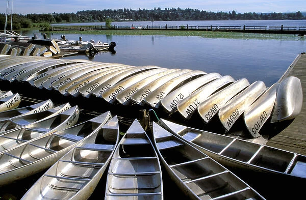 North America, USA, Washington State, Seattle, Lake Washington. Canoes for rent at