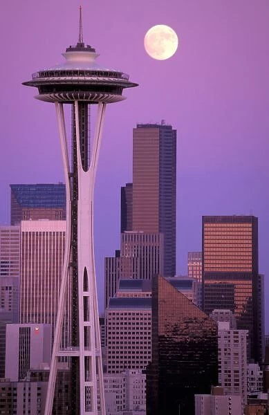 North America, USA, Washington State, Seattle. Space Needle and moon, viewed from Kerry Park