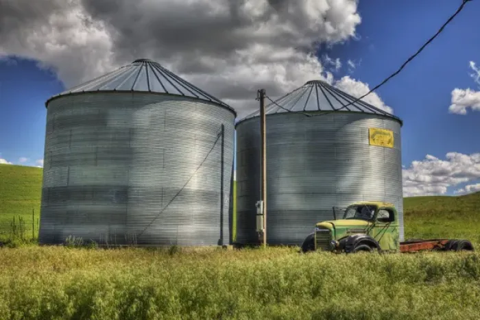Framed Print : North America; USA; Washinton; Palouse Countyr; Silos with Old Field Truck Framed Print : North America; USA; Washinton; Palouse Countyr; Silos with Old Field Truck