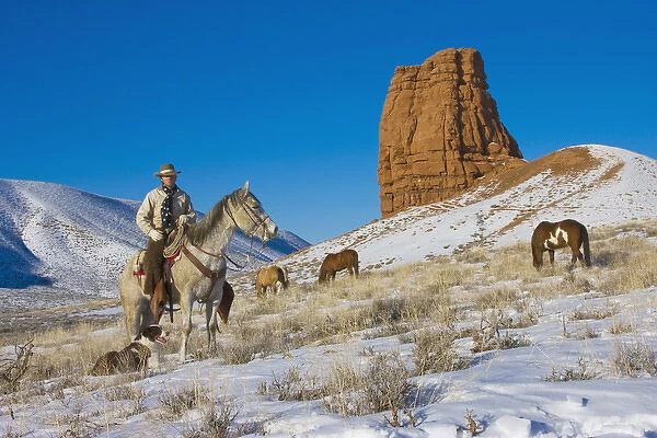North America; USA; Wyoming; Shell; Cowboy riding Heard over his Horses in the Snow