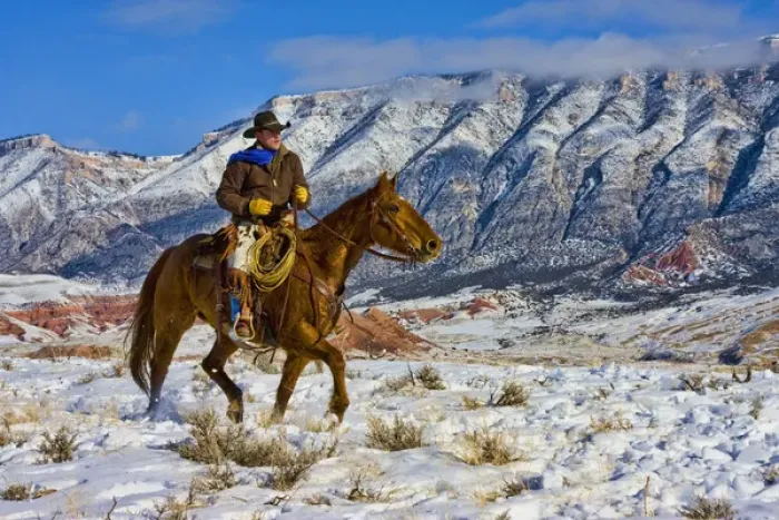 Framed Print : North America; USA; Wyoming; Shell; Cowboy riding Horse through the Snow; Model Released