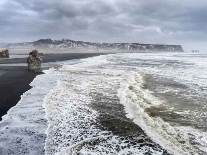 Framed Print : North Atllantic coast near Vik y Myrdal during a winter storm with heavy gales. europe