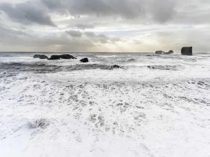 Framed Print : North Atllantic coast near Vik y Myrdal during a winter storm with heavy gales. europe