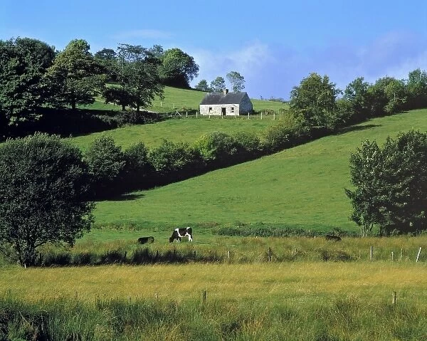 Northern Ireland, County Fermanagh, Lough Erne. A stone house looks down on pastures