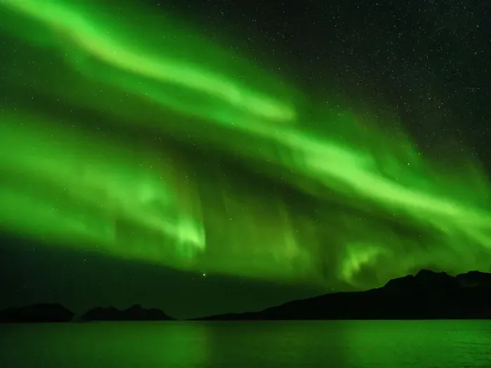 Framed Print : Northern lights over Angmagssalik Fjord near settlement Kuummiit (formerly spelled Kummiut). Ammassalik area in East Greenland. North America, Greenland, Danish Territorrry