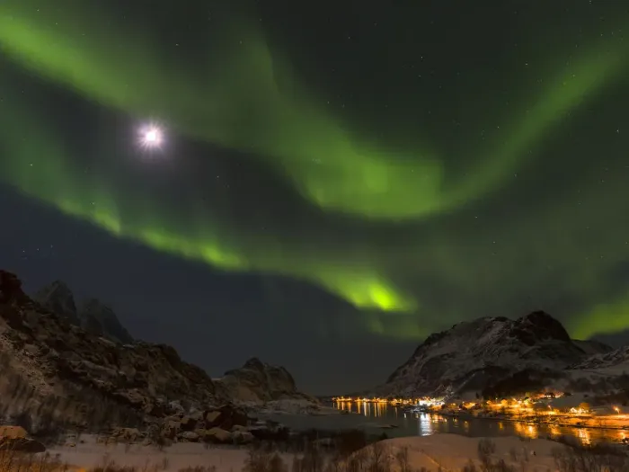 Framed Print : Northern Lights over fjord Maervollspollen and village Maervoll, island Vestvagoy
