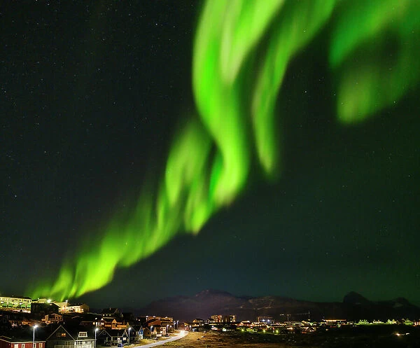 Northern lights over Nuuk. Nuuk the capital of Greenland during late autumn. Greenland, Danish Territory