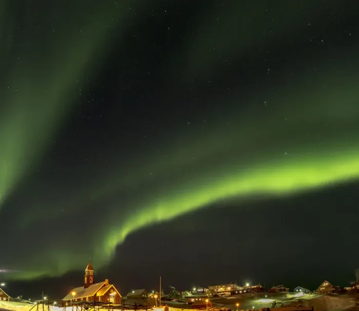 Framed Print : Northern Lights over town and frozen Disko Bay. Greenland, Denmark Framed Print : Northern Lights over town and frozen Disko Bay. Greenland, Denmark