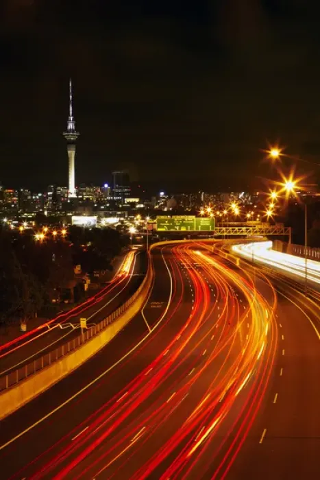 Framed Print : Northern Motorway and Skytower at night, Auckland, North Island, New Zealand