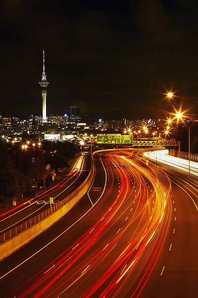 Northern Motorway and Skytower at night, Auckland, North Island, New Zealand