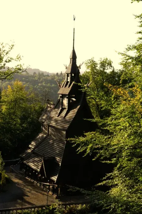Framed Print : Norway, Bergen, Fantoft Stave Church in morning light Framed Print : Norway, Bergen, Fantoft Stave Church in morning light