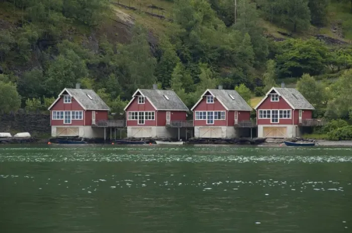 Framed Print : Norway, Flam (aka Flaam). Typical Norwegian boat houses