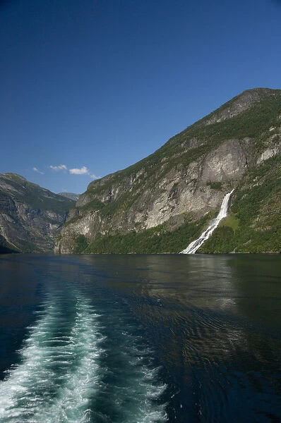 Norway, Geirangerfjord (UNESCO), Geiranger. Scenic fjord view near Geiranger, waterfall