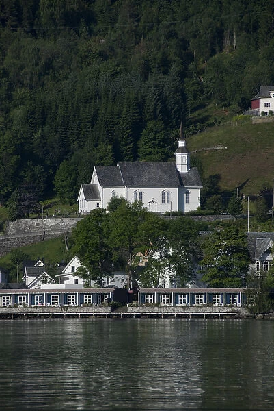 Norway, Hellesylt. Geirangerfjord at the port city of Hellesylt. UNESCO. Historic Sunnyleven Church