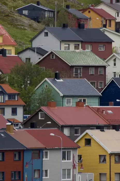 Framed Print : Norway, Honningsvag, North Cape. The Northern most city in Europe. Typical colorful