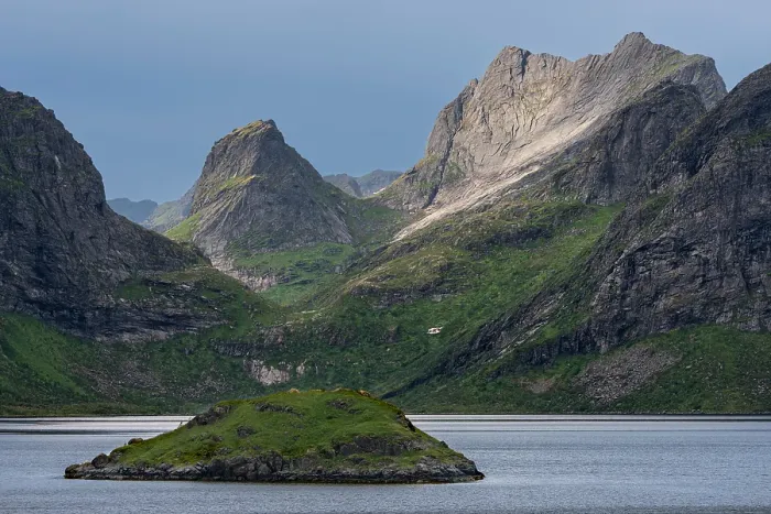 Framed Print : Norway, Lofoten. Island in fjord and mountain landscape. ©Don Grall  /  Jaynes Gallery  /  DanitaDelimont.com
