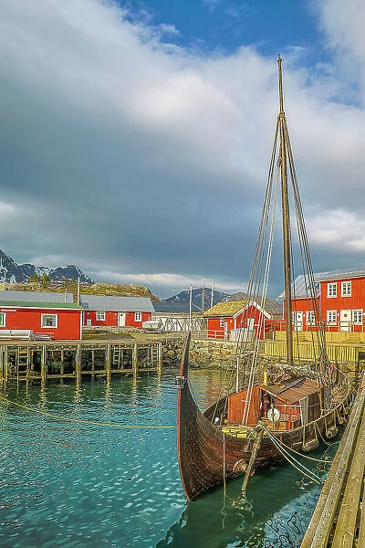 Norway, Lofoten Islands. Ballstadoy from across the lake
