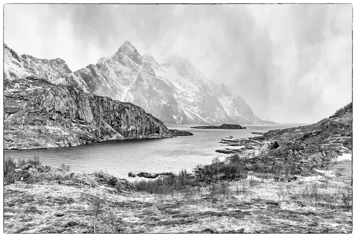 Framed Print : Norway, Lofoten Islands. Fjord at Mount Himmeltinden Framed Print : Norway, Lofoten Islands. Fjord at Mount Himmeltinden
