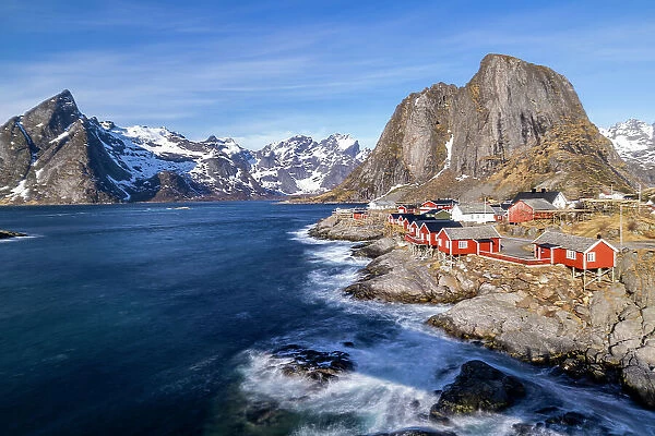 Norway, Lofoten Islands. Hamnoy (Reine), Red Rorbuer (fishermen's cottages)