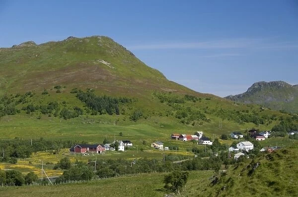 Norway, Nordland, Lofoten Archipelago, Borgelva. Typical countryside view