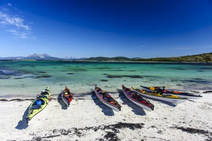 Framed Print : Norway, Nordland. Sea kayaks on a coral-sand beach along Vestfjorden Framed Print : Norway, Nordland. Sea kayaks on a coral-sand beach along Vestfjorden
