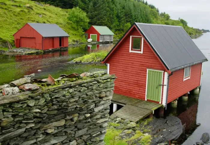 Framed Print : Norway, Radoy Island, Boathouses in Straumsvagen, Fosnstraumen trail from the quay Framed Print : Norway, Radoy Island, Boathouses in Straumsvagen, Fosnstraumen trail from the quay