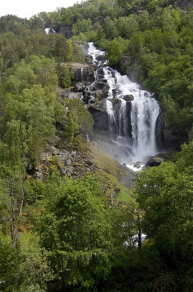 Norway, roadside views along the scenic bi-way between Borgund and Laerdal, waterfall