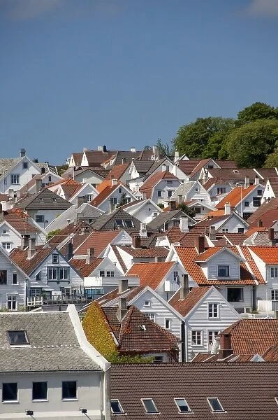 Norway, Stavanger. Historic downtown port area filled with 18th century homes, roof tops