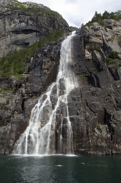 Norway, Stavanger, Lysefjord (aka Lyse Fjord). Hanging Waterfall