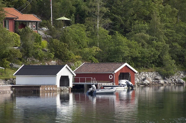 Norway, Stavanger. Views along Lysefjord, boat house