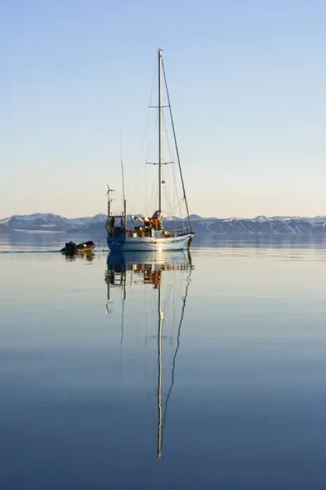 Framed Print : Norway, Svalbard, Edgeoya Island, SV Arctica motoring in calm waters under midnight sun