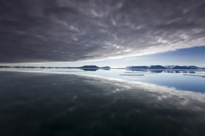 Framed Print : Norway, Svalbard, Edgeoya Island, Reflection of low clouds in calm sea on summer Framed Print : Norway, Svalbard, Edgeoya Island, Reflection of low clouds in calm sea on summer