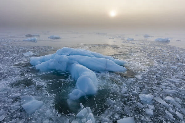 Norway, Svalbard, Nordaustlandet. Ice patterns and fog at sunrise