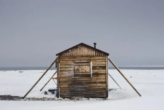 Framed Print : Norway, Svalbard, Nordaustlandet, Wooden trappers hut in storm during summer Framed Print : Norway, Svalbard, Nordaustlandet, Wooden trappers hut in storm during summer