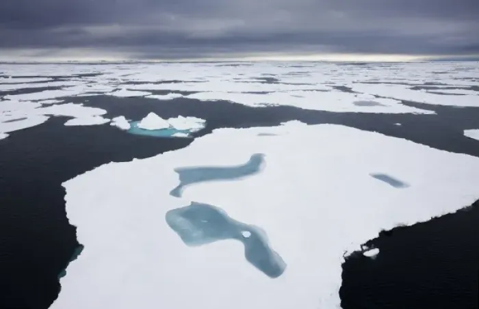 Framed Print : Norway, Svalbard, Nordaustlandet, Small ponds of meltwater on sea ice in summer snow