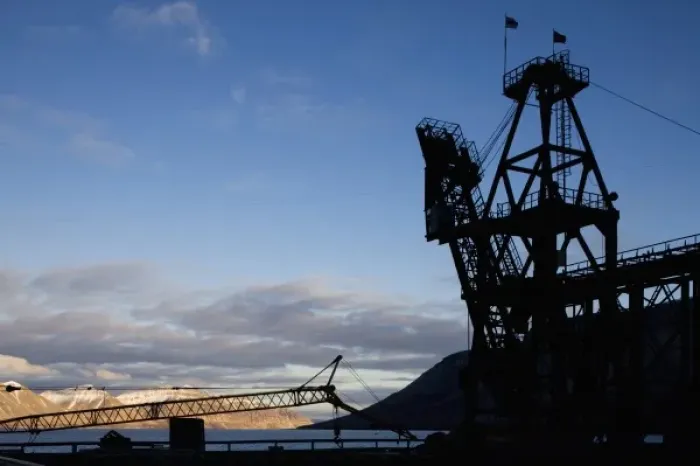 Framed Print : Norway, Svalbard, Pyramiden, Silhouette of loading crane along waterfront at abandoned Framed Print : Norway, Svalbard, Pyramiden, Silhouette of loading crane along waterfront at abandoned