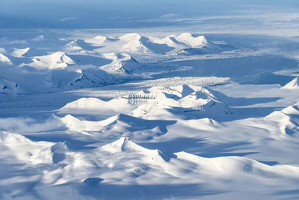 Norway, Svalbard, Spitsbergen. Aerial view of glaciated mountains