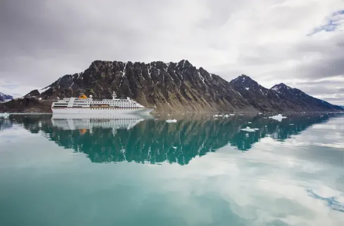 Framed Print : Norway, Svalbard, Spitsbergen, Cruise Ship MV Columbus motoring past mountains along Framed Print : Norway, Svalbard, Spitsbergen, Cruise Ship MV Columbus motoring past mountains along