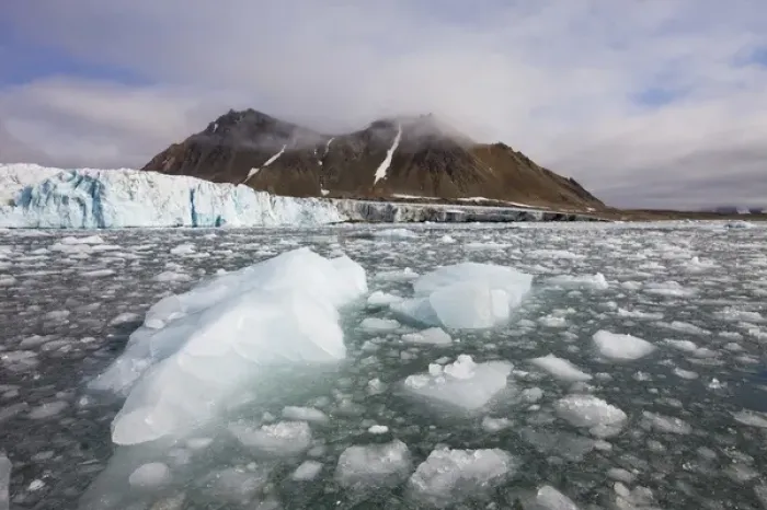 Framed Print : Norway, Svalbard, Spitsbergen Island, Icebergs floating near face of Hans Glacier