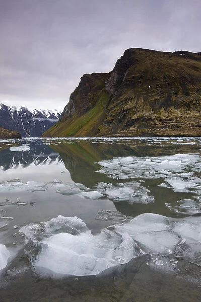 Norway, Svalbard, Spitsbergen, Small icebergs floating in fjord beneath mountain