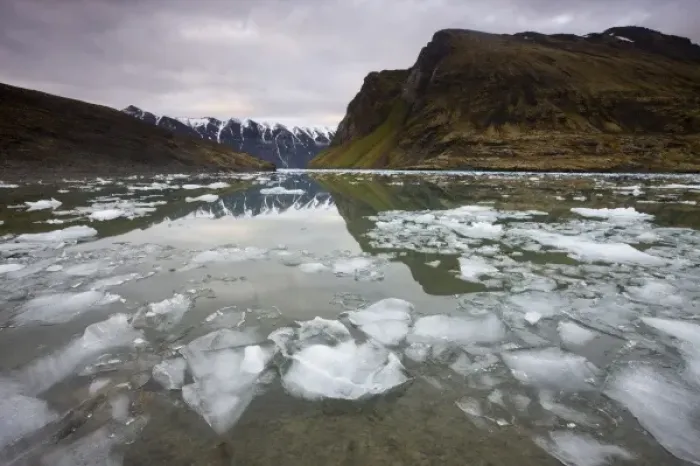 Framed Print : Norway, Svalbard, Spitsbergen, Small icebergs floating in fjord beneath mountain