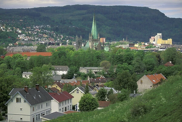 Norway, Trondheim. Town view and Nidarosdomen from Kristiansten Festung Fortress