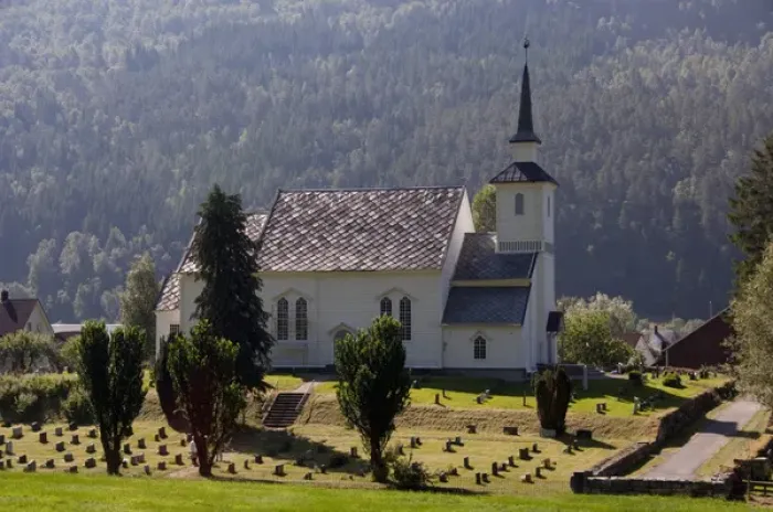 Framed Print : Norway, View from scenic by-way Road 15 between Hornindal & Stryn. Stryn church