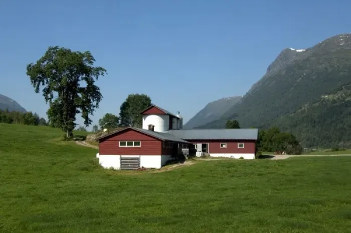 Framed Print : Norway, View from scenic by-way Road 15 between Hornindal & Stryn. Typical farm buildings Framed Print : Norway, View from scenic by-way Road 15 between Hornindal & Stryn. Typical farm buildings
