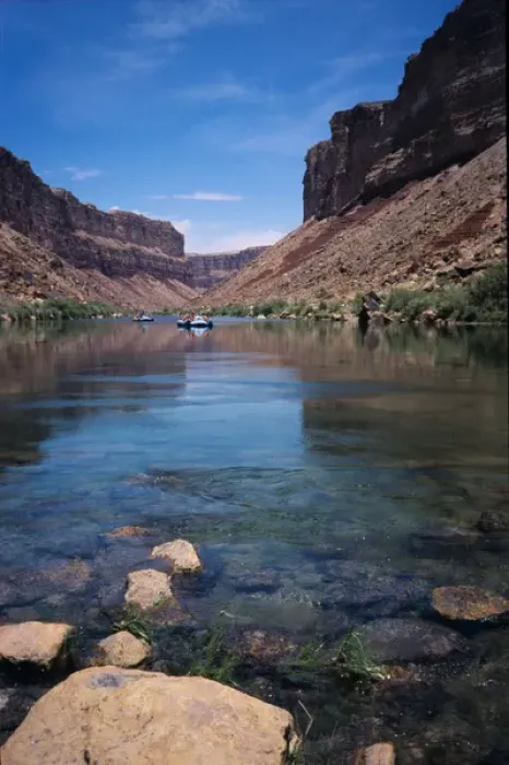 Framed Print : Oar powered rafts drift down the Colorado River deep inside the Grand Canyon