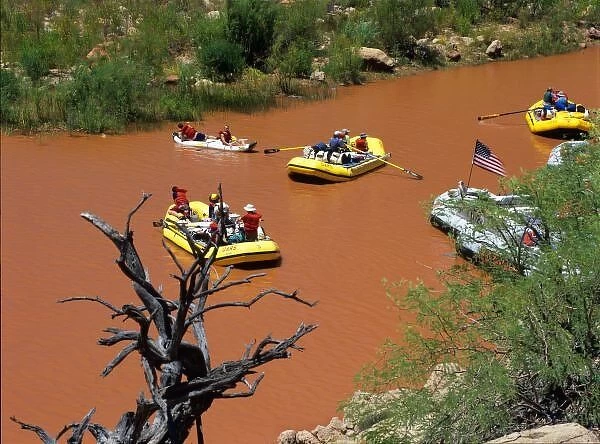 Oar powered rafts turn into the Colorado River where it meets the Little Colorado