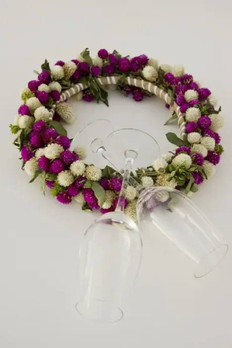 Framed Print : Oceania, French Polynesia, Taha a. Flower head wreath and wine glasses. Credit as Framed Print : Oceania, French Polynesia, Taha a. Flower head wreath and wine glasses. Credit as