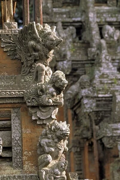 Oceania, Indonesia, Bali, Ubud. Stone carvings on Hindu temple in Monkey Forest