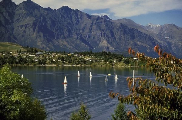Oceania, New Zealand, South Island, Queenstwon. Backdrop of lake and sailboats